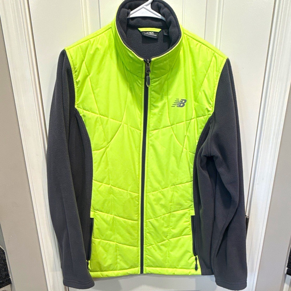 New Balance woman's XL Green/Gray Full Zip Quilted Jacket Stand-Up Collar Logo